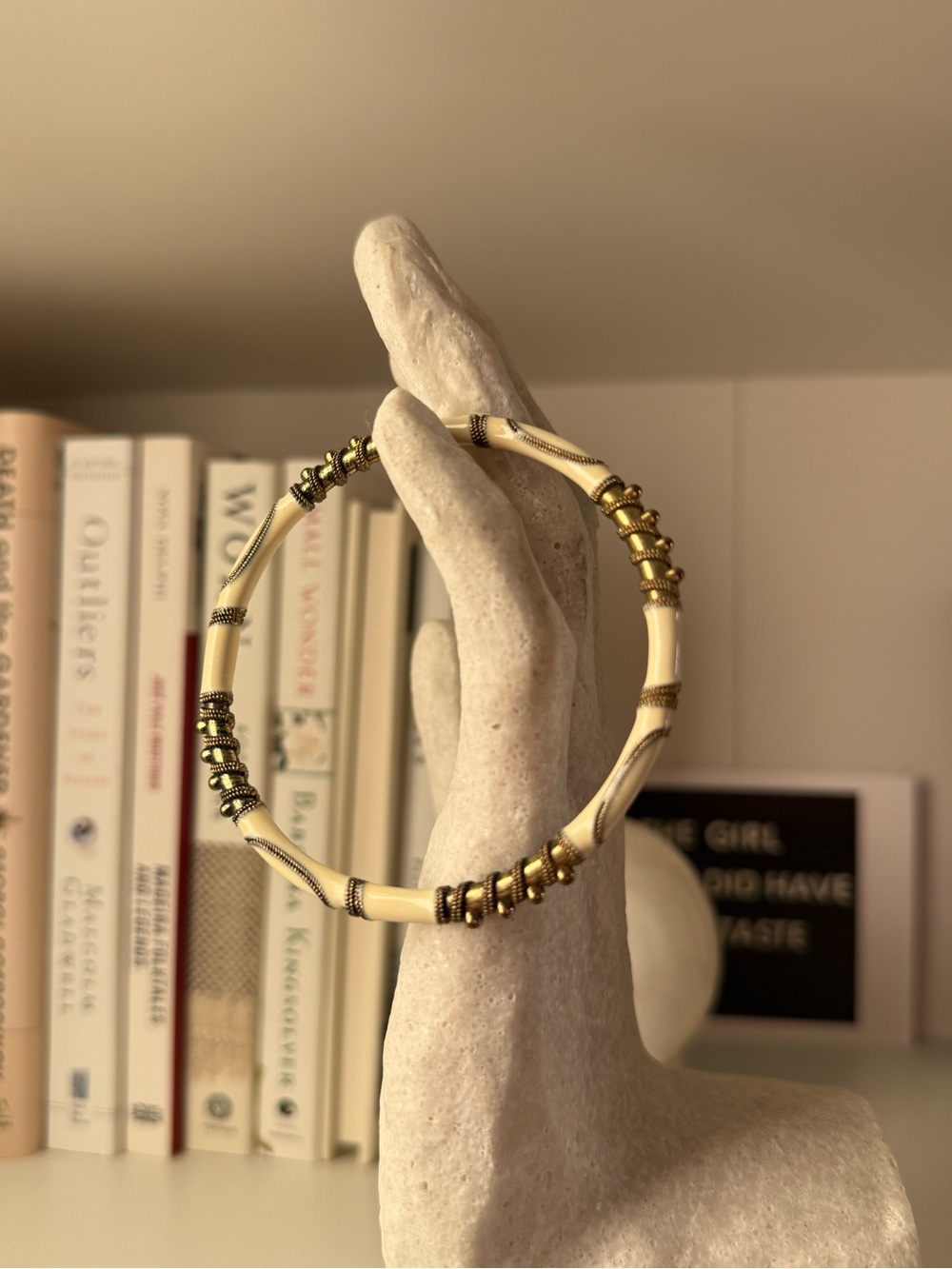 Gold Tone and Cream Enamel Thin Women’s Bangle Bracelet